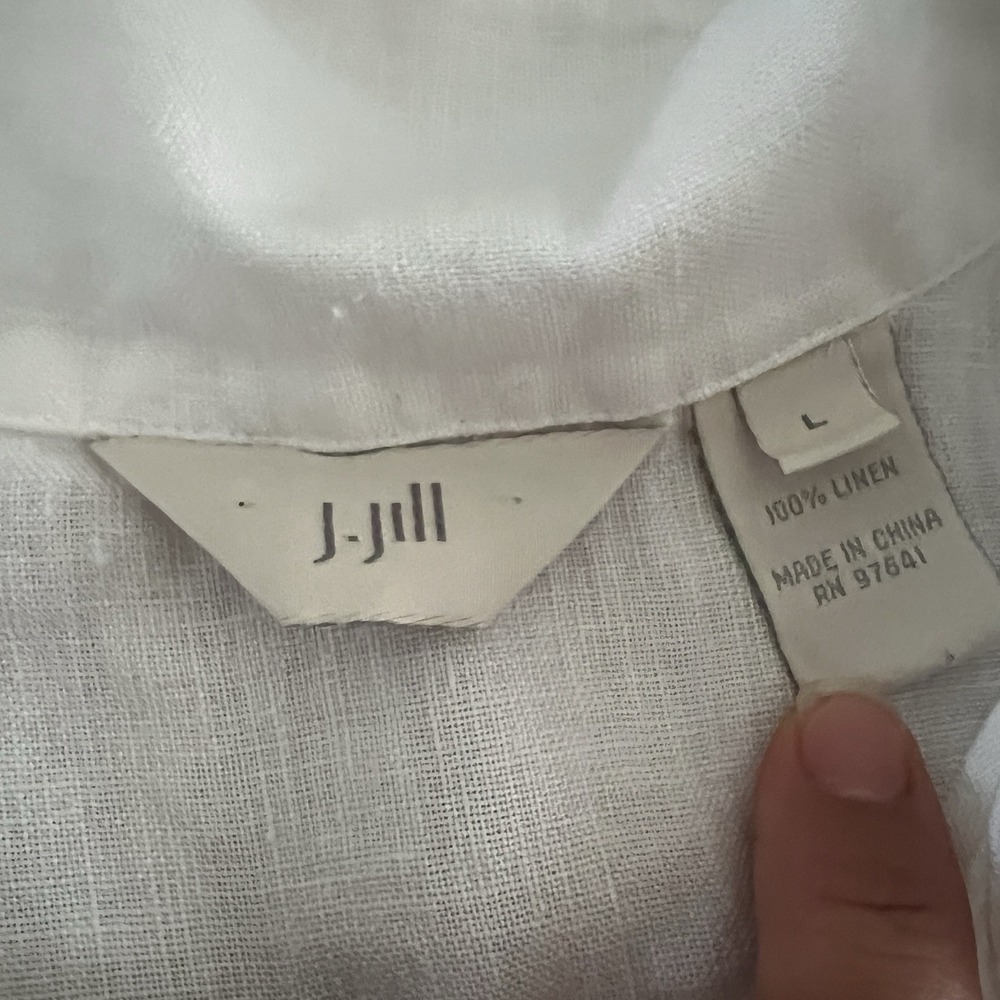J Jill 100% Linen Popover Shirt Chambray White Sz L Coastal vacation collared - Picture 2 of 6